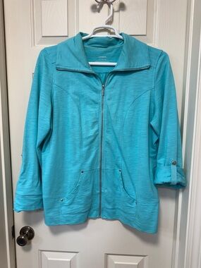 Lightweight Teal Zip-Front Utility Jacket with Roll-Tab Sleeves